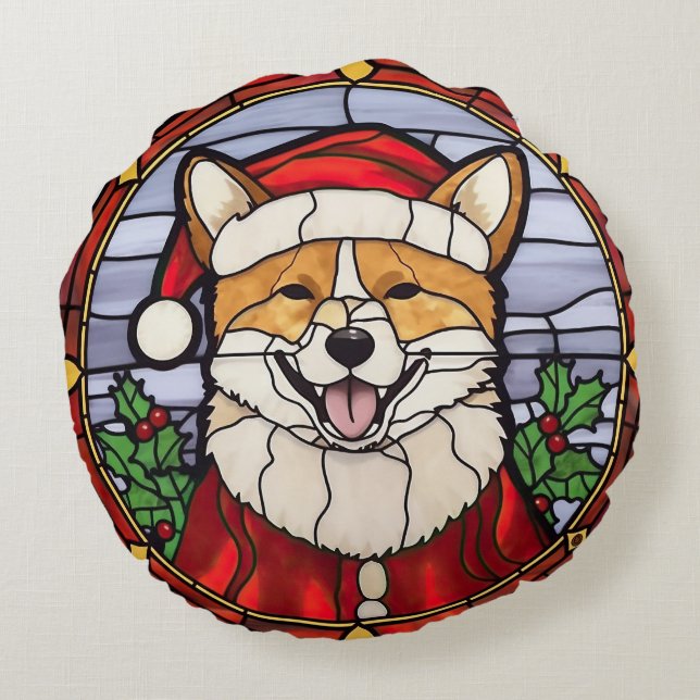 Shiba Inu Stained Glass Christmas  Round Pillow (Back)
