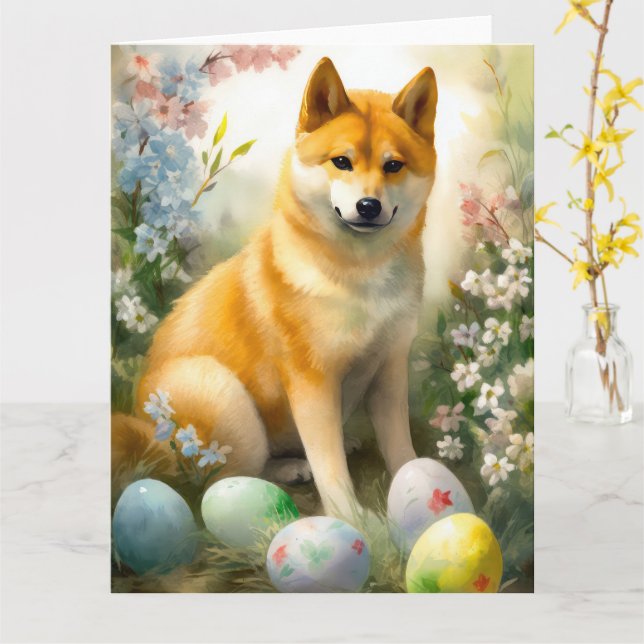 Shiba Inu with Easter Eggs Holiday  Card (Yellow Flower)