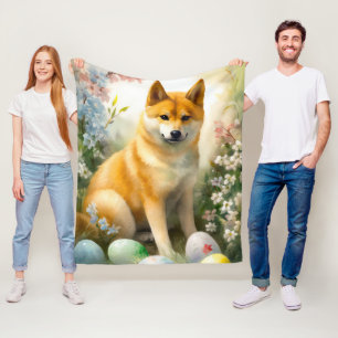 Shiba Inu with Easter Eggs Holiday Fleece Blanket