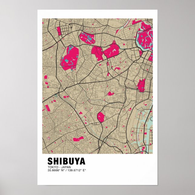 Shibuya Map Poster - Tokyo Stylish Pink Map (Front)