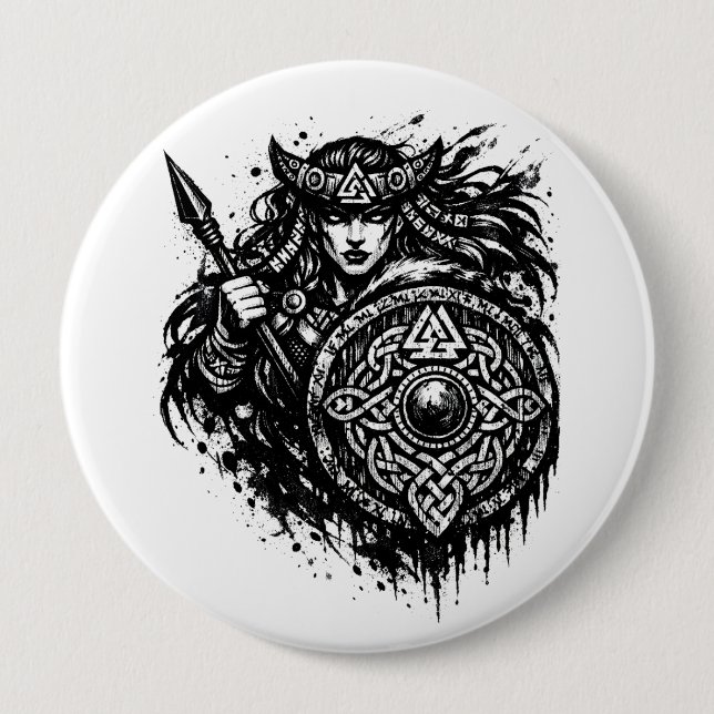 Shield Maiden Spear‑Sigil – Mythic Warrior Ink 4 Inch Round Button (Front)