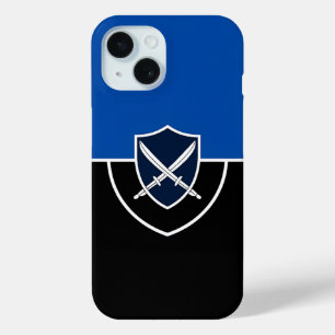 Shield with Crossed Swords on Blue & Black iPhone 15 Case