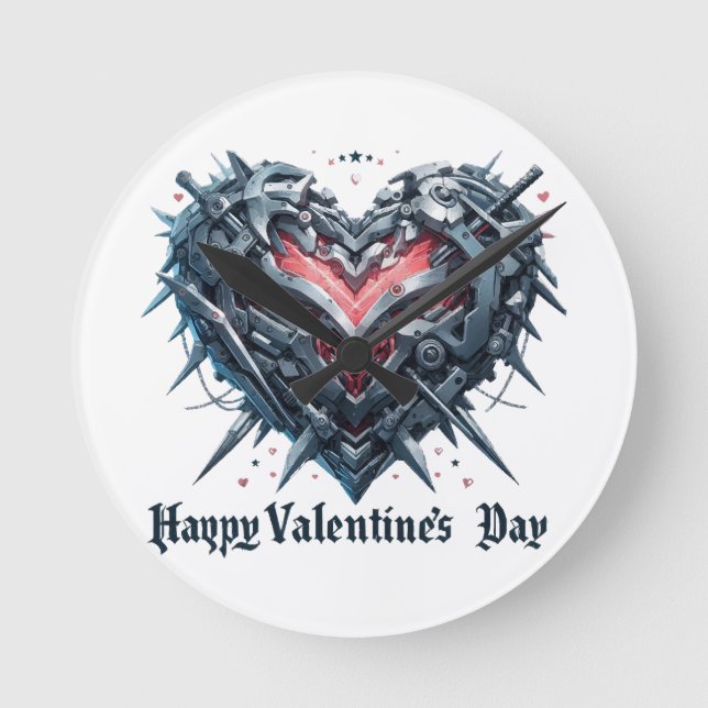 Shielded and caged valentines day heart round clock (Front)