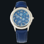 Shields of David Watch<br><div class="desc">Kids’ stainless steel blue leather strap watch with an image of Shields of David (or Stars of David) on blue. Optional silver clock face. See matching round charm and round basic button keychain. See the entire Hanukkah Watch collection under the ACCESSORIES category in the HOLIDAYS section.</div>