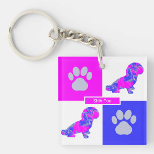 Shih-Poo Silhouette Dog & Paw Pink and Blue Square Keychain