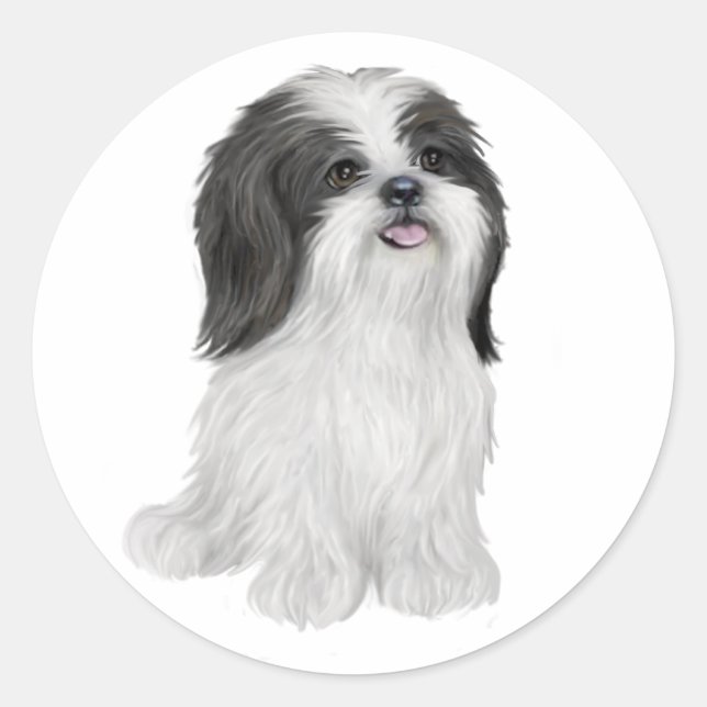Shih Tzu - black and white (by JF) Classic Round Sticker (Front)