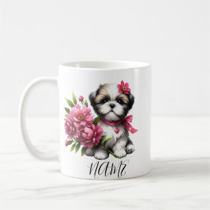 Shih Tzu Café Mug - Cute Chiot avec Fleurs Cadeau