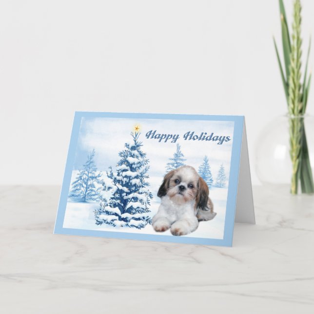 Shih Tzu Christmas Card Blue Tree (Front)