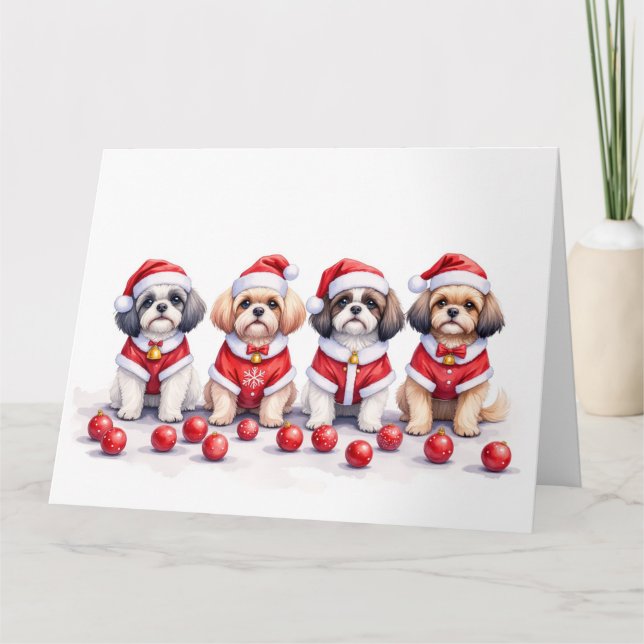 Shih Tzu Christmas Dress Santa Hat Card (Front)