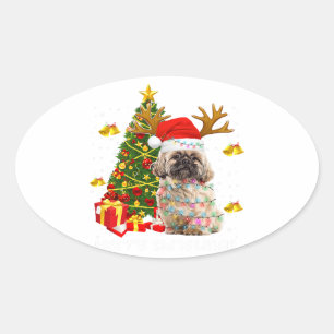 Shih Tzu Christmas Lights Tree Santa Xmas Oval Sticker