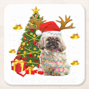 Shih Tzu Christmas Lights Tree Santa Xmas Square Paper Coaster