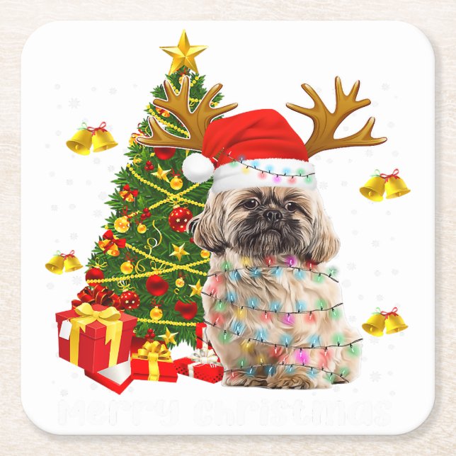 Shih Tzu Christmas Lights Tree | Santa Xmas Square Paper Coaster (Front)