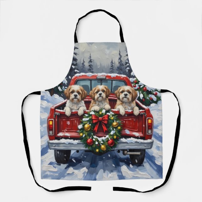 Shih Tzu Christmas Red Truck Holiday Apron (Front)