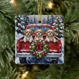 Shih Tzu Christmas Red Truck Holiday Ceramic Ornament