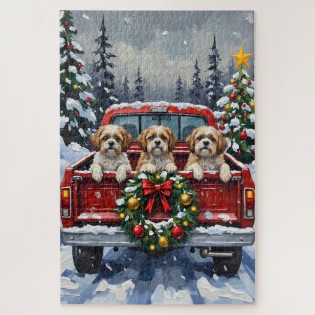 Shih Tzu Christmas Red Truck Holiday Jigsaw Puzzle (Vertical)
