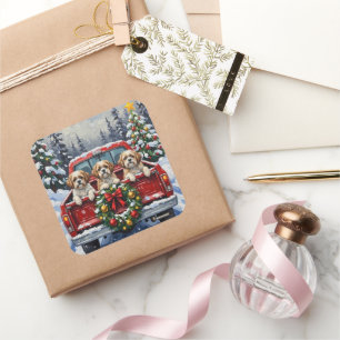 Shih Tzu Christmas Red Truck Holiday Square Sticker