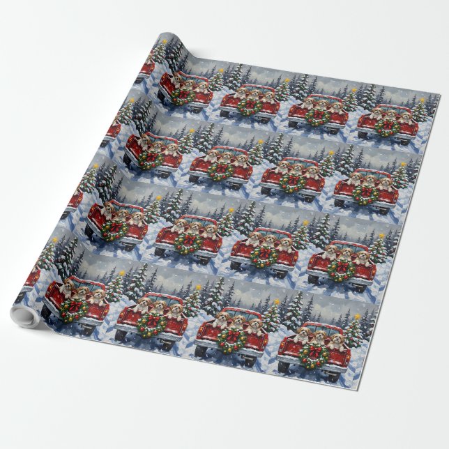 Shih Tzu Christmas Red Truck Holiday Wrapping Paper (Unrolled)