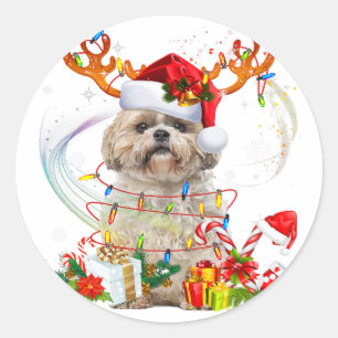 Shih Tzu Christmas Reindeer Christmas Lights Classic Round Sticker
