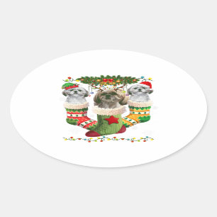 Shih Tzu Christmas Socks Tree Light Santa Hat Oval Sticker