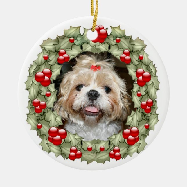 Shih Tzu Christmas wreath Ceramic Ornament (Front)