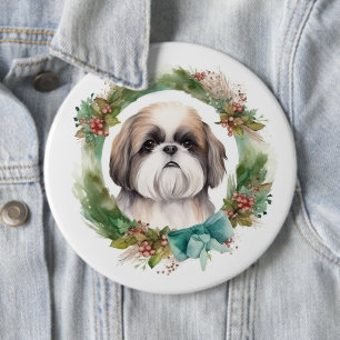 Shih Tzu Christmas Wreath Festive Pup  6 Inch Round Button