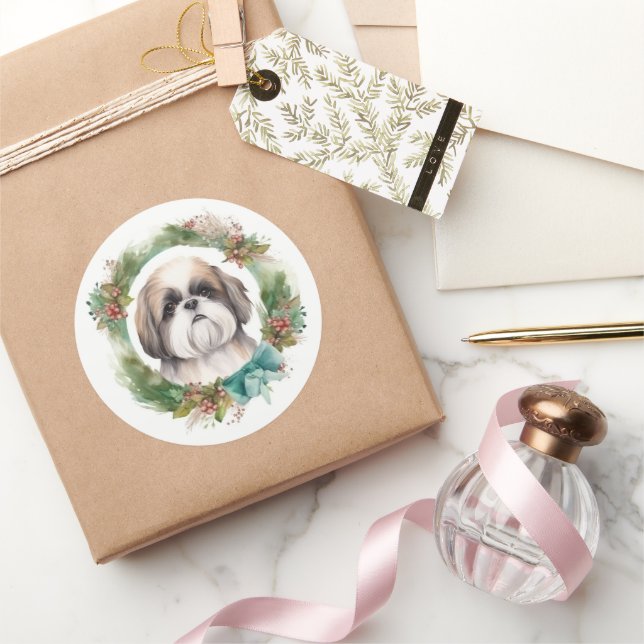 Shih Tzu Christmas Wreath Festive Pup  Classic Round Sticker (Gifting)