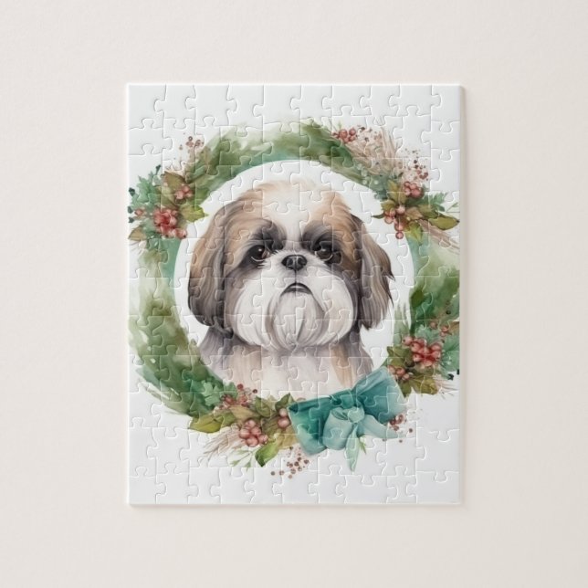 Shih Tzu Christmas Wreath Festive Pup  Jigsaw Puzzle (Vertical)