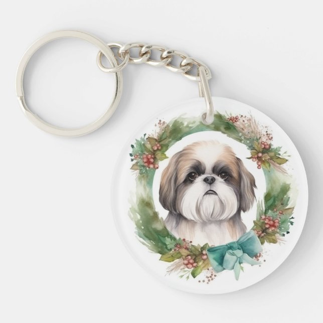 Shih Tzu Christmas Wreath Festive Pup  Keychain (Front)