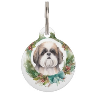 Shih Tzu Christmas Wreath Festive Pup  Pet Tag