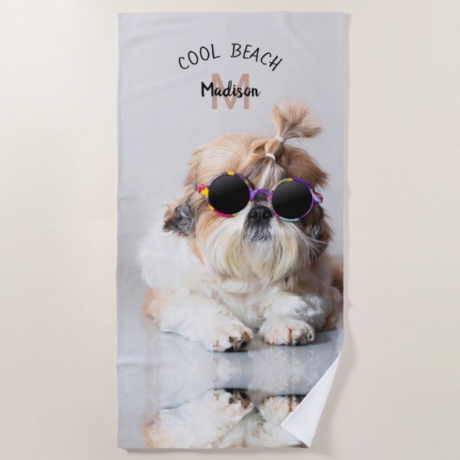 Shih Tzu Cool Beach Sunglasses Photo Monogram Towel (Front)