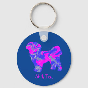 Shih Tzu Cute Dog Silhouette Crazy Hot Pink & Blue Keychain