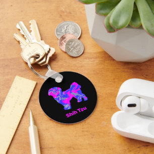 Shih Tzu Cute Dog Silhouette Crazy Hot Pink & Blue Keychain