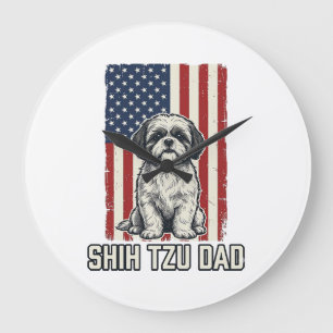 Shih Tzu Dad Patriotic Flag Vintage Dog Shirt_1 Large Clock