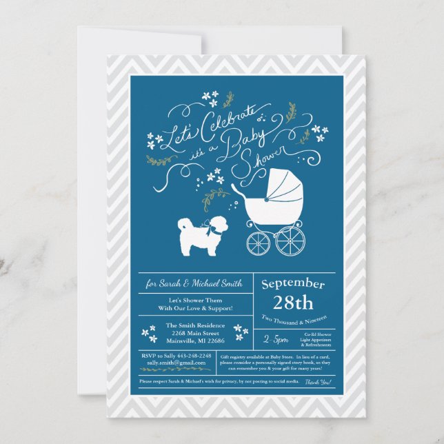 Shih Tzu Dog Baby Shower Blue Boy Teddy Bear Invitation (Front)