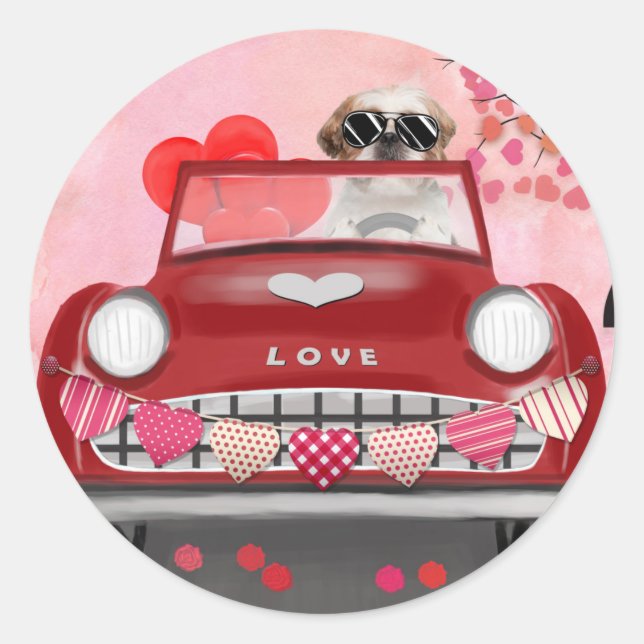 Shih Tzu Dog Car with Hearts Valentine's   Classic Round Sticker (Front)