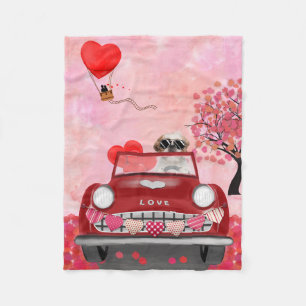 Shih Tzu Dog Car with Hearts Valentine's Fleece Blanket
