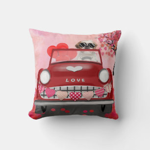Shih Tzu Dog Car with Hearts Valentine's Throw Pillow