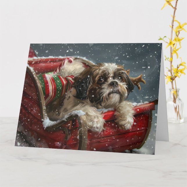 Shih Tzu Dog Christmas Festive Card (Yellow Flower)