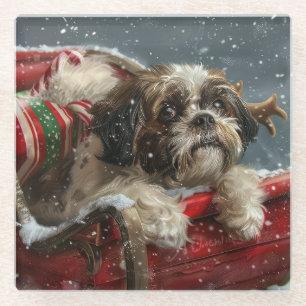 Shih Tzu Dog Christmas Festive Glass Coaster