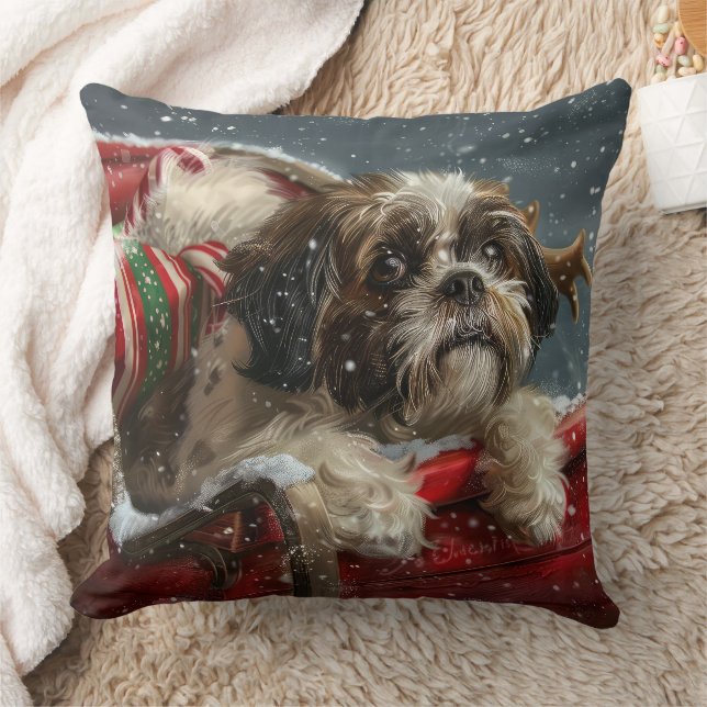 Shih Tzu Dog Christmas Festive Throw Pillow (Blanket)