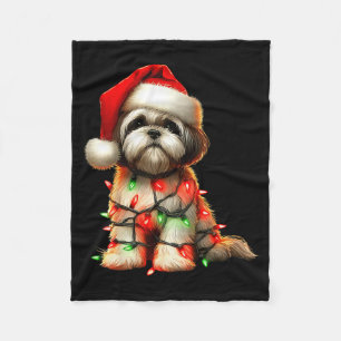 Shih Tzu Dog Christmas Lights Santa Hat Dog Lover Fleece Blanket