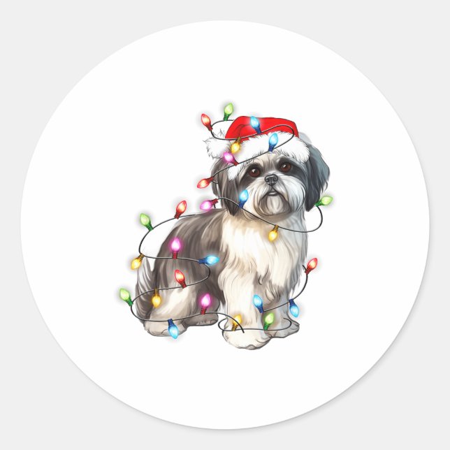 Shih Tzu Dog Christmas Lights Xmas Cute  Classic Round Sticker (Front)