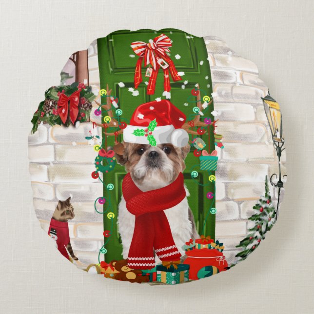 Shih Tzu Dog Christmas  Round Pillow (Front)