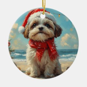 Shih Tzu Dog Christmas Vintage Beach Ceramic Ornament