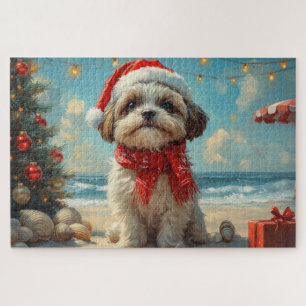 Shih Tzu Dog Christmas Vintage Beach Jigsaw Puzzle