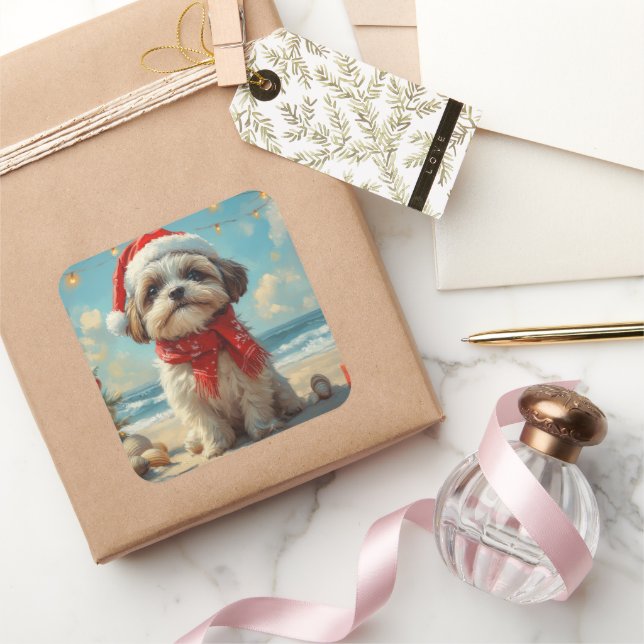 Shih Tzu Dog Christmas Vintage Beach Square Sticker (Gifting)