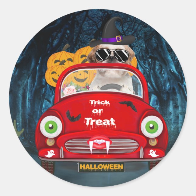 Shih Tzu Dog Driving Car Scary Halloween Classic Round Sticker (Front)