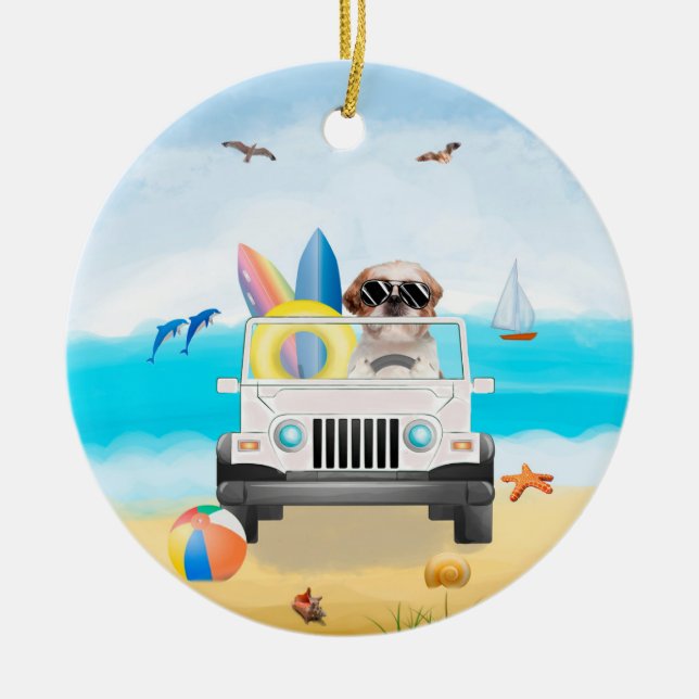 shih tzu Dog Driving on Beach  Ceramic Ornament (Front)