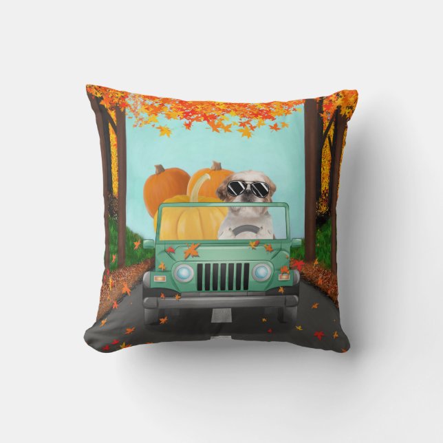 Shih Tzu Dog Fall Pumpkin Throw Pillow (Front)