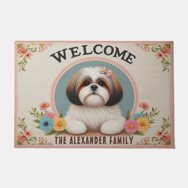 Shih Tzu Dog Floral Decorative Family Name Welcome Doormat (Front)